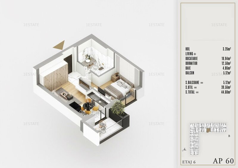 Studio premium, etaj 6, (45 mp) la 20 minute de metrou (ID: 60B)